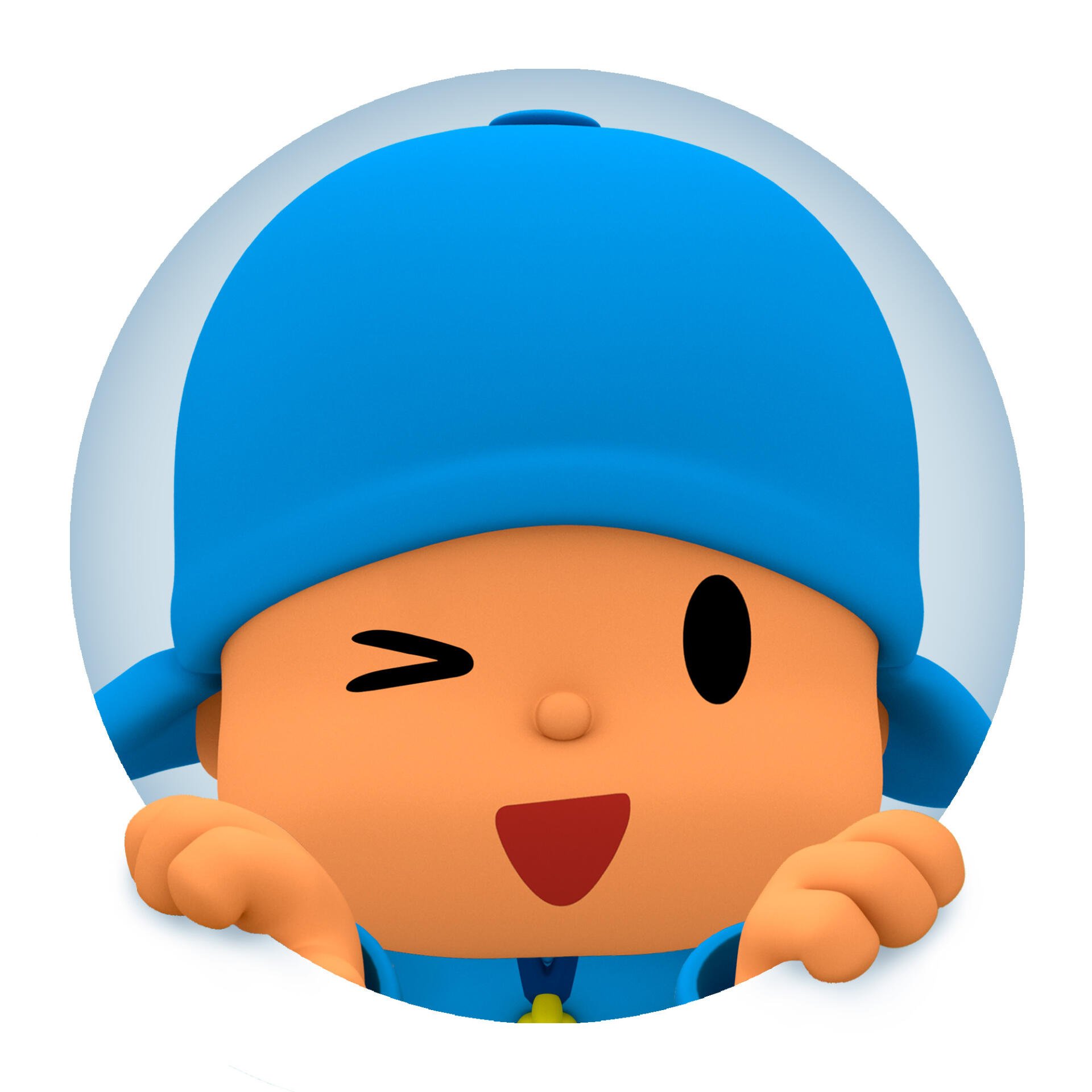 Pocoyo (TV show) forum avatar: winking and peeking through a circular profile-photo frame in his blue hat and outfit.