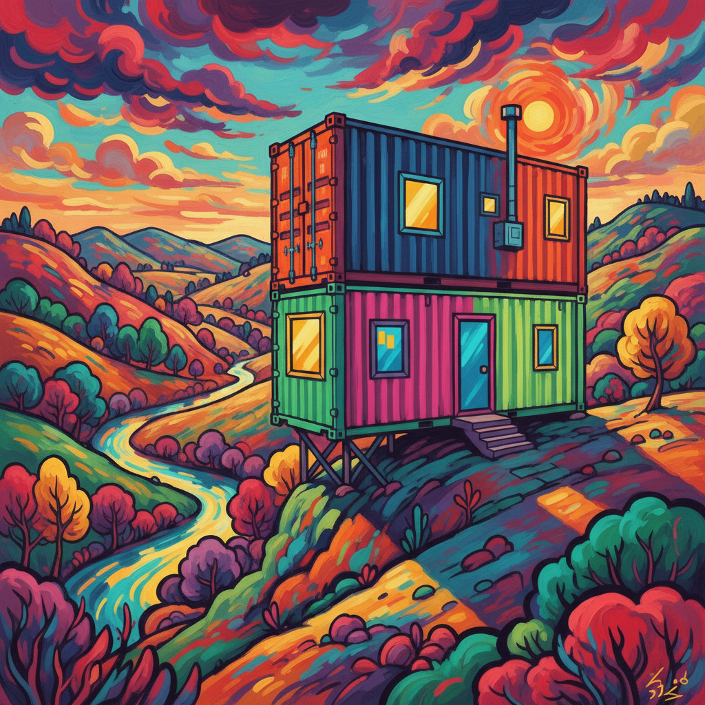 Colorful stylized forum avatar/profile photo of a stacked container house on a hill, glowing windows, winding river and dramatic sunset sky.