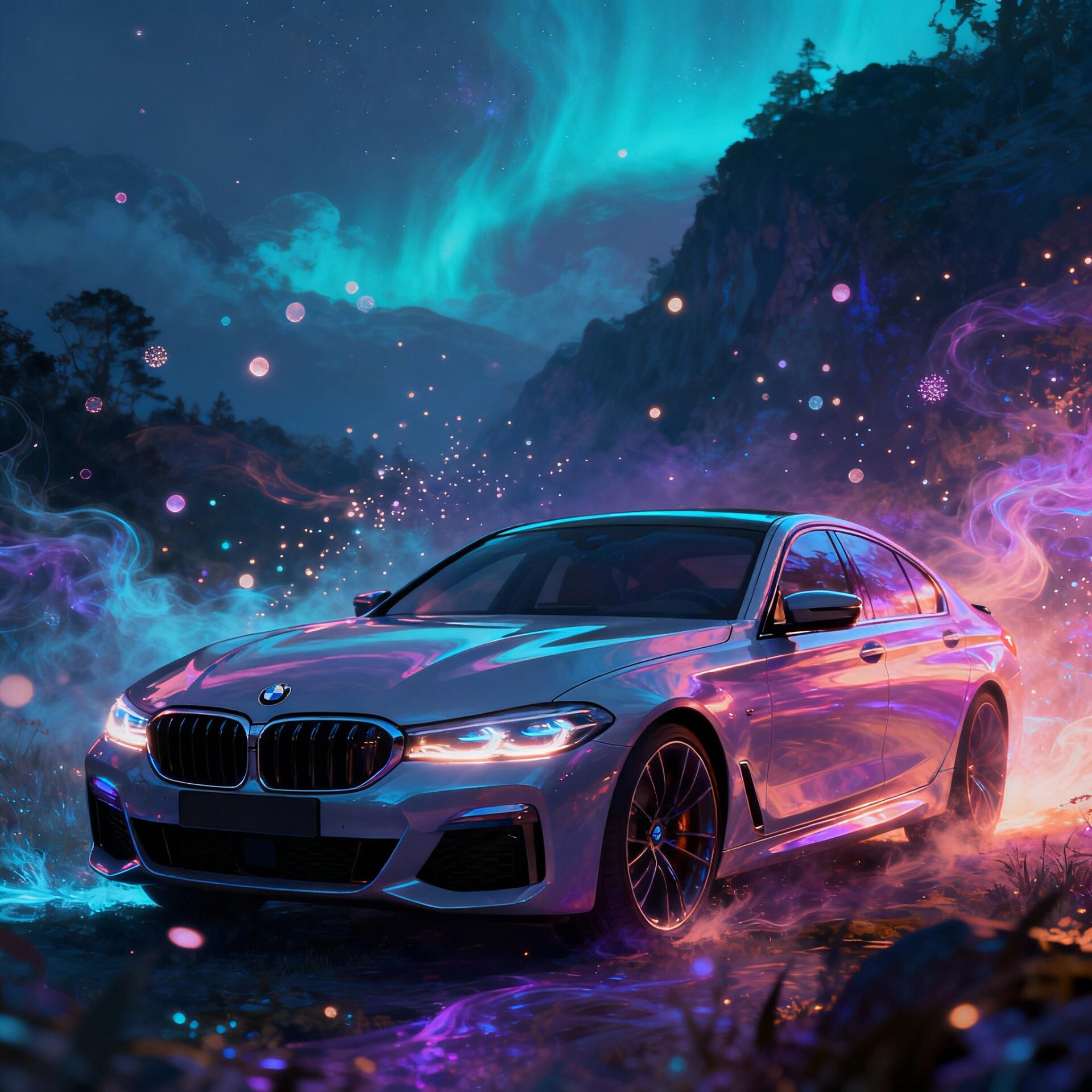 Neon-lit BMW sedan beneath aurora skies with colorful mist — forum avatar/profile photo.