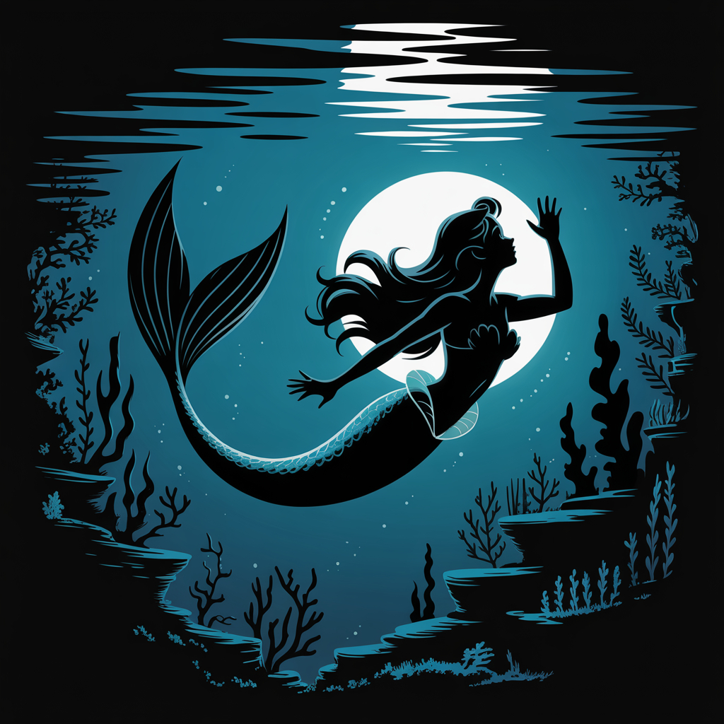 Forum avatar of The Little Mermaid: silhouetted mermaid swimming before a glowing full moon, teal underwater scene with seaweed and rippling surface.