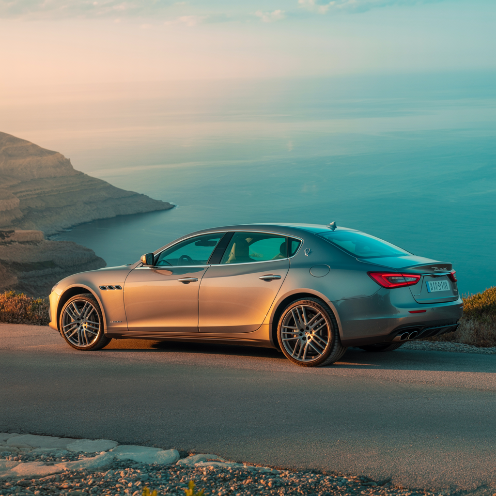 Forum avatar/profile photo of a Maserati sedan parked on a coastal road at sunset, with the sea and cliffs in the background.