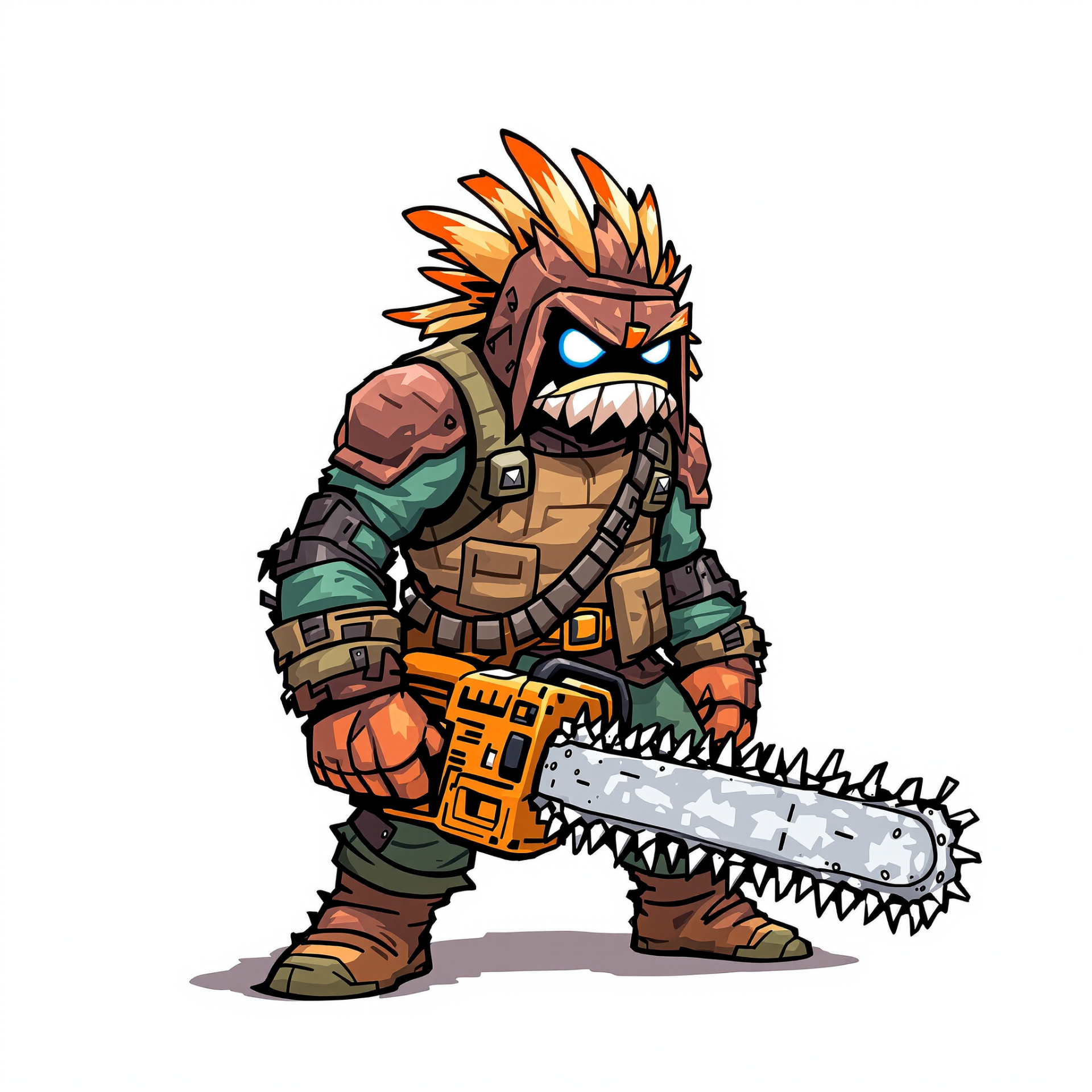Forum avatar of a cartoon post-apocalyptic warrior: orange spiked mohawk, armored gear, glowing blue eyes and a heavy chainsaw, standing ready.