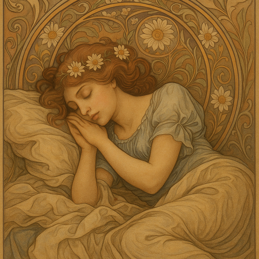 Art Nouveau–style portrait of a young woman asleep among floral motifs in warm sepia tones, tagged sleepcore and presented as a forum avatar/pfp/profile photo.