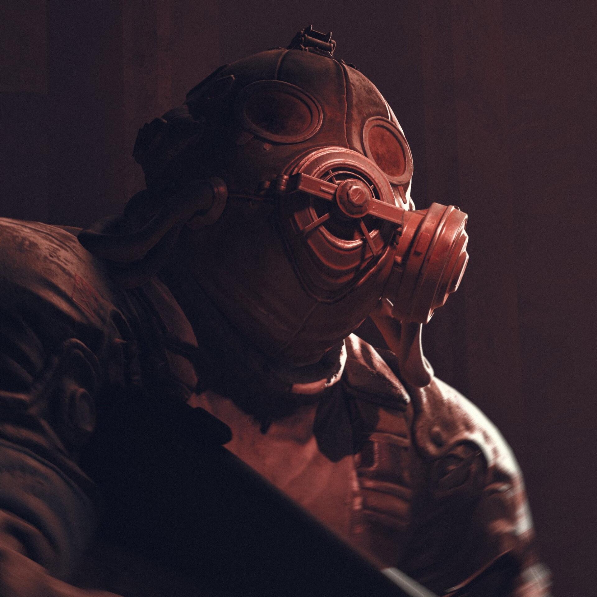 Forum avatar of a gas-masked armored figure from the video game The Forever Winter, bathed in low red light in a close-up profile.