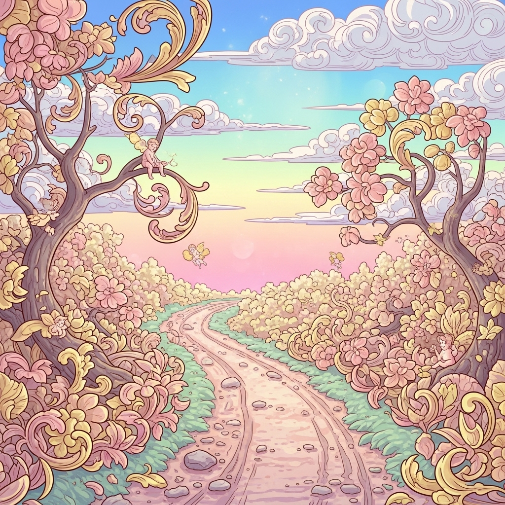 Whimsical pastel forum avatar showing a winding dirt road through ornate flowering trees beneath a dreamy sunset sky.