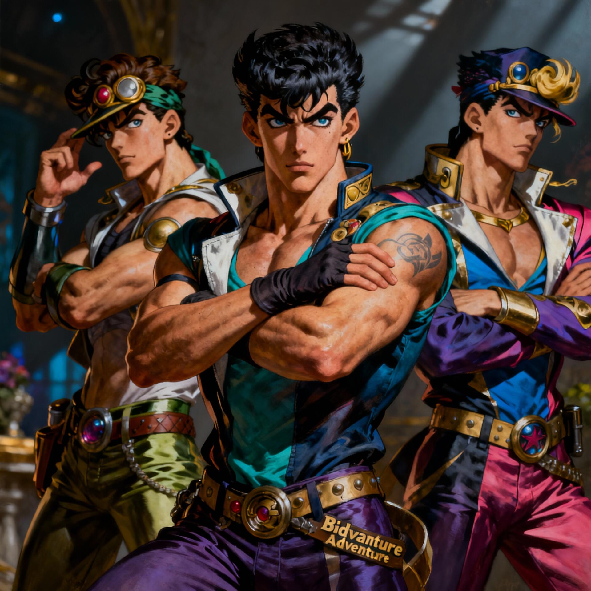 Forum avatar/pfp: three JoJo's Bizarre Adventure characters in bold, colorful outfits, arms crossed under dramatic lighting.