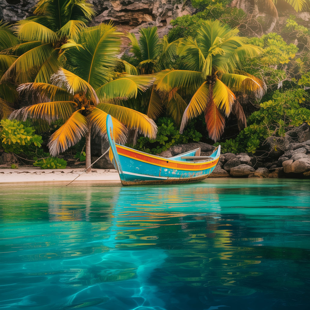 Caribbean forum avatar/pfp: bright painted boat floating on crystalline turquoise water beneath palm trees on a lush shoreline.