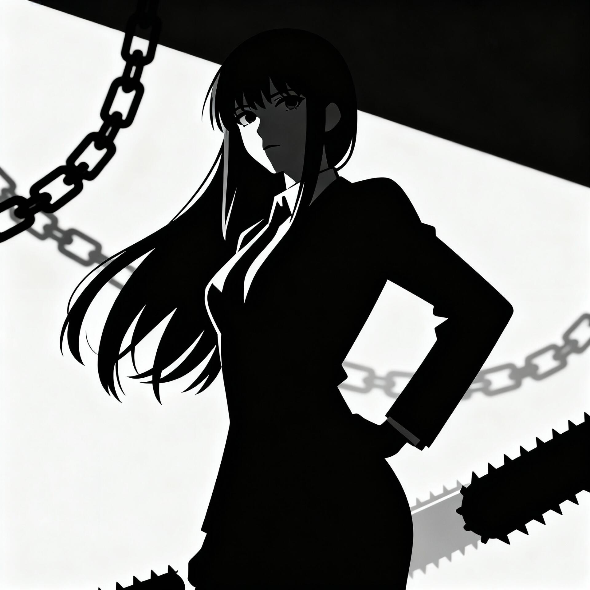 Forum avatar of Makima (Chainsaw Man): high-contrast silhouette of her in a suit, hand on hip, chains and saw blades framing the composition.