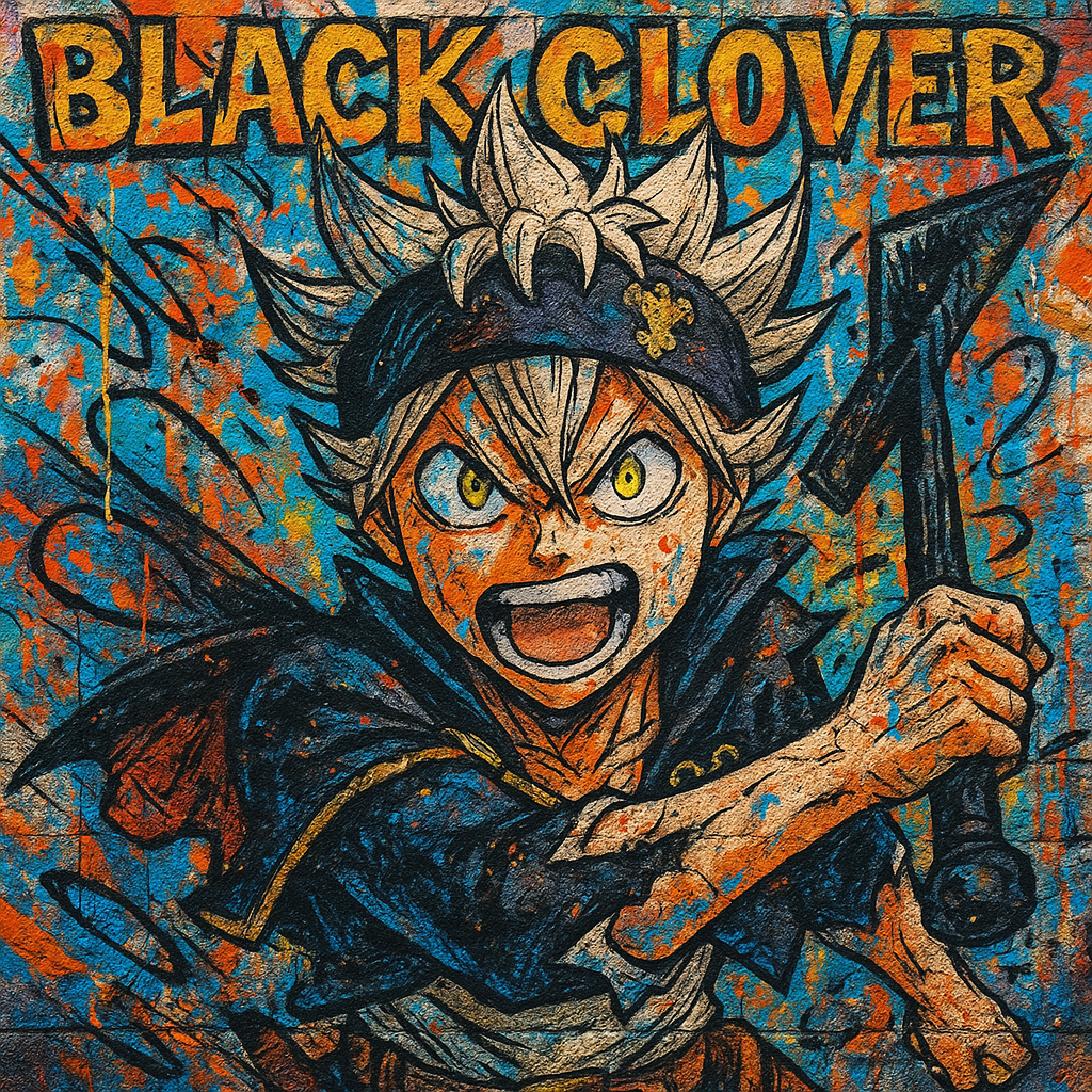 Energetic avatar of Asta from Black Clover shouting with sword raised against a gritty orange-and-blue graffiti-style background.