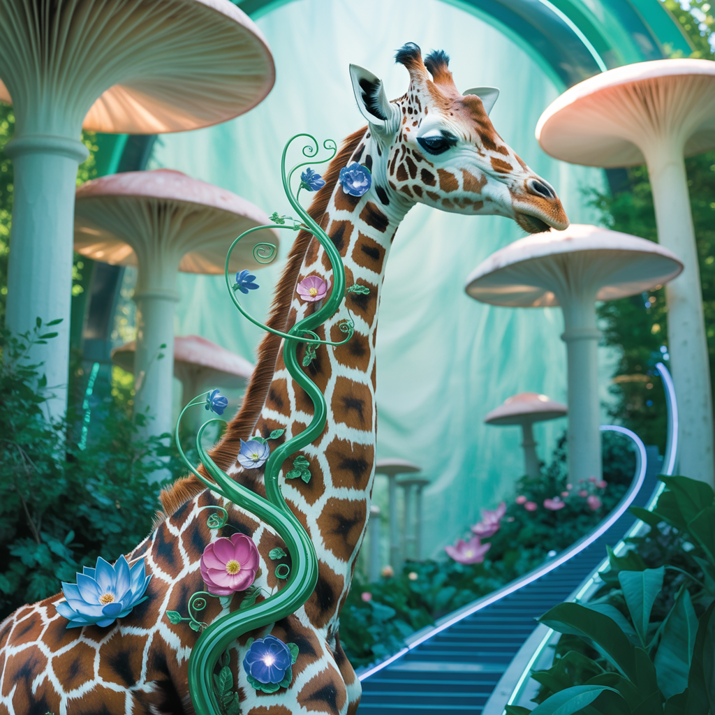 Whimsical giraffe forum avatar entwined with flowering vines, standing in a magical mushroom forest.