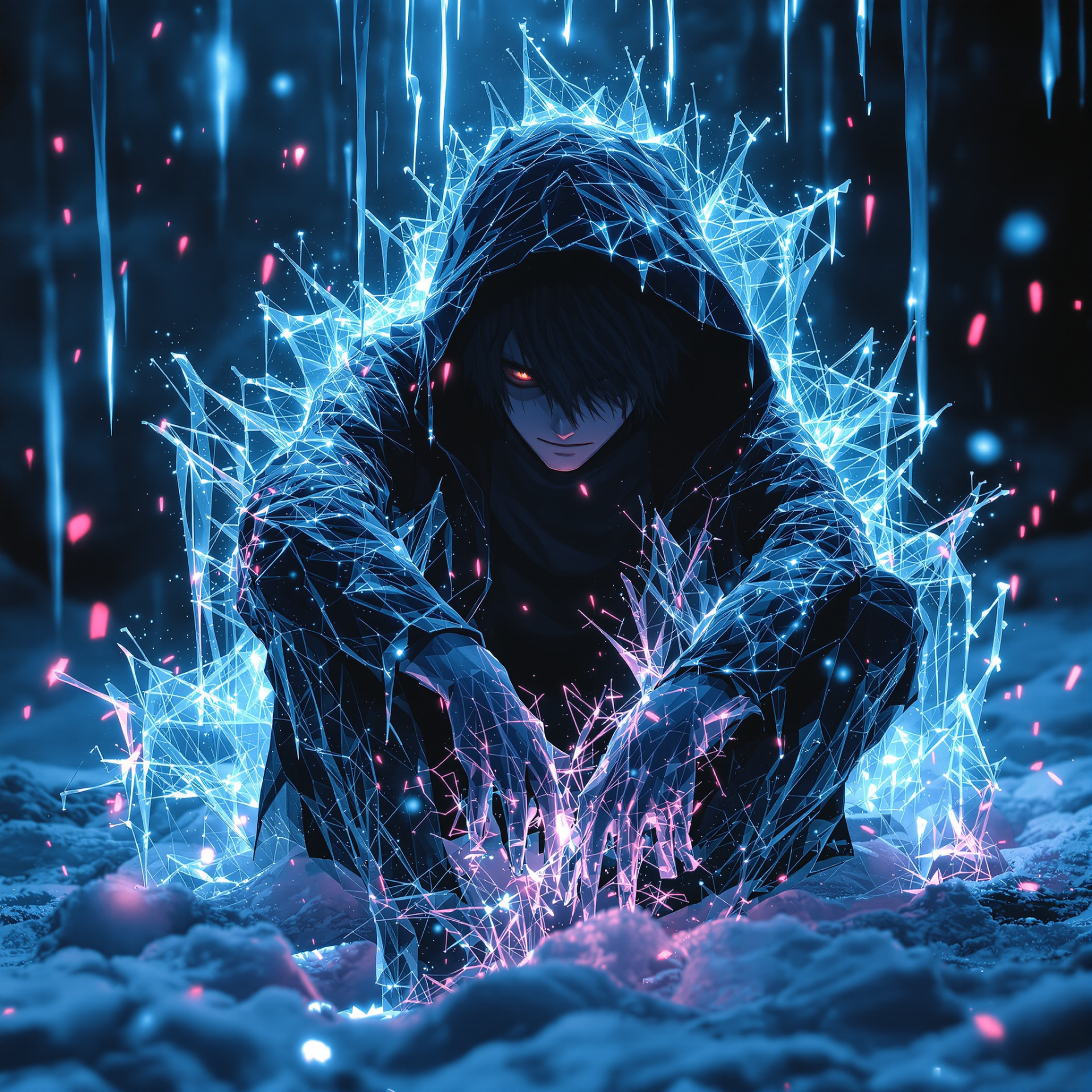 Forum avatar/pfp of a hooded figure crouching in snow, wrapped in glowing blue digital shards and neon sparks, fingertips crackling with electric light.