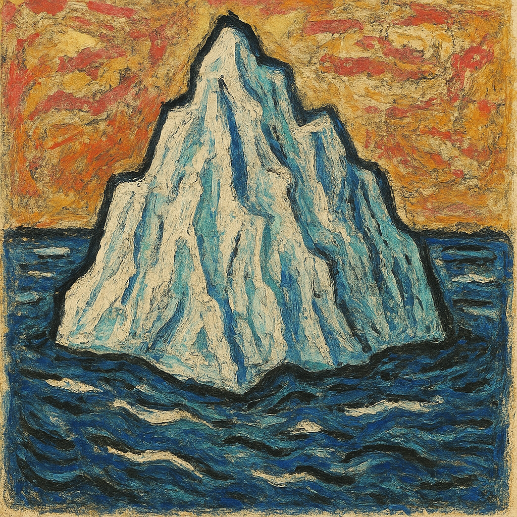 Forum profile avatar: a stylized painted iceberg rising from choppy dark-blue waves beneath a textured orange sky.