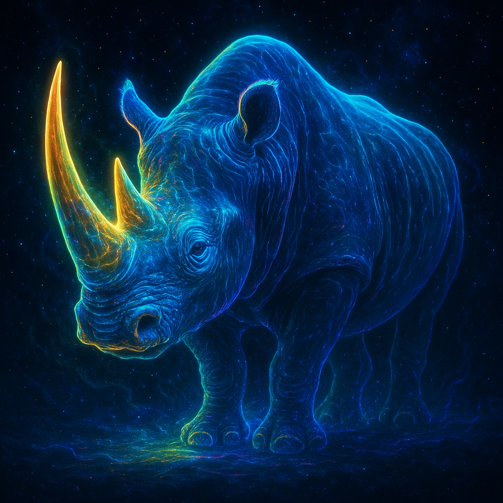 Stylized neon-blue rhino with glowing golden horns on a dark, starry background, rendered as a forum avatar/profile photo.