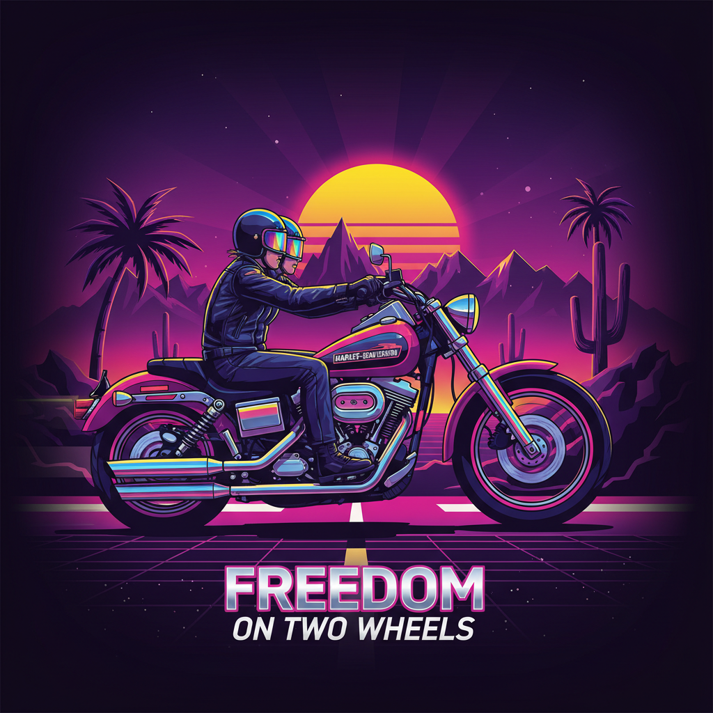 Forum avatar: neon synthwave profile of a helmeted rider on a cruiser motorcycle against a purple-pink sunset, palm trees, cactus and the text FREEDOM ON TWO WHEELS.
