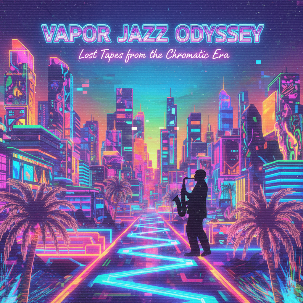 Vaporjazz forum avatar/pfp — neon vaporwave cityscape titled Vapor Jazz Odyssey with a silhouetted saxophonist on a glowing retro‑futuristic street framed by palm trees.