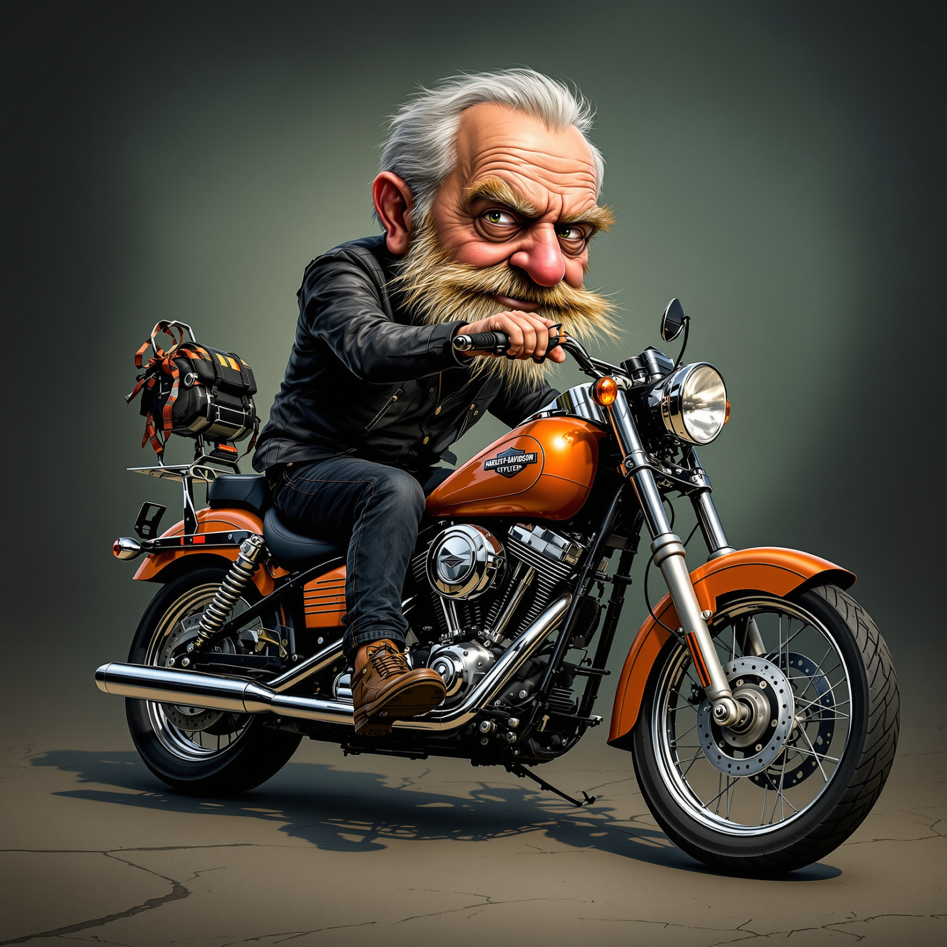 Cartoon forum avatar/pfp of a grizzled rider with exaggerated features astride an orange Harley-Davidson cruiser, wearing a leather jacket and boots.