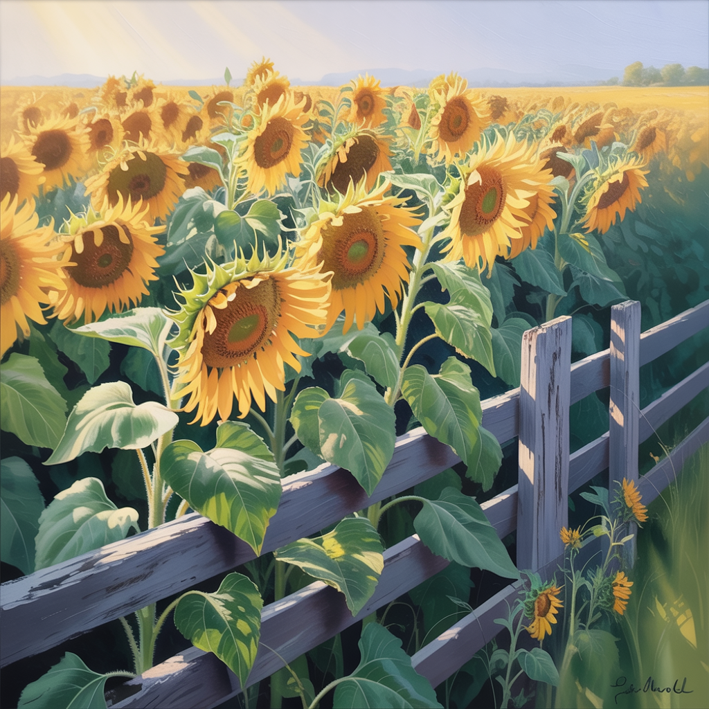 Forum avatar/profile photo: painted sunflowers leaning over a weathered wooden fence under warm sunlight, soft sky and distant fields forming a bright, pastoral profile image.