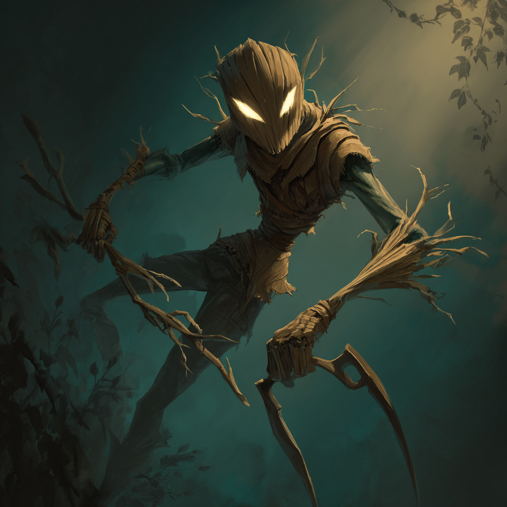 Forum avatar/profile photo of Fiddlesticks from the video game League of Legends: a menacing scarecrow with glowing eyes and jagged wooden limbs amid a dark, misty forest.