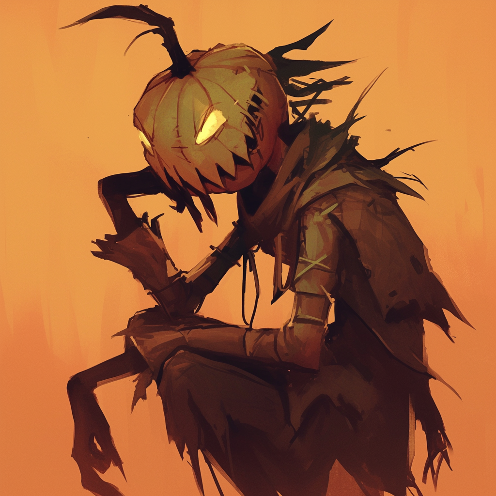Anime Halloween forum avatar/pfp: a pumpkin-headed scarecrow with glowing eyes and ragged cloak crouching against an orange backdrop.