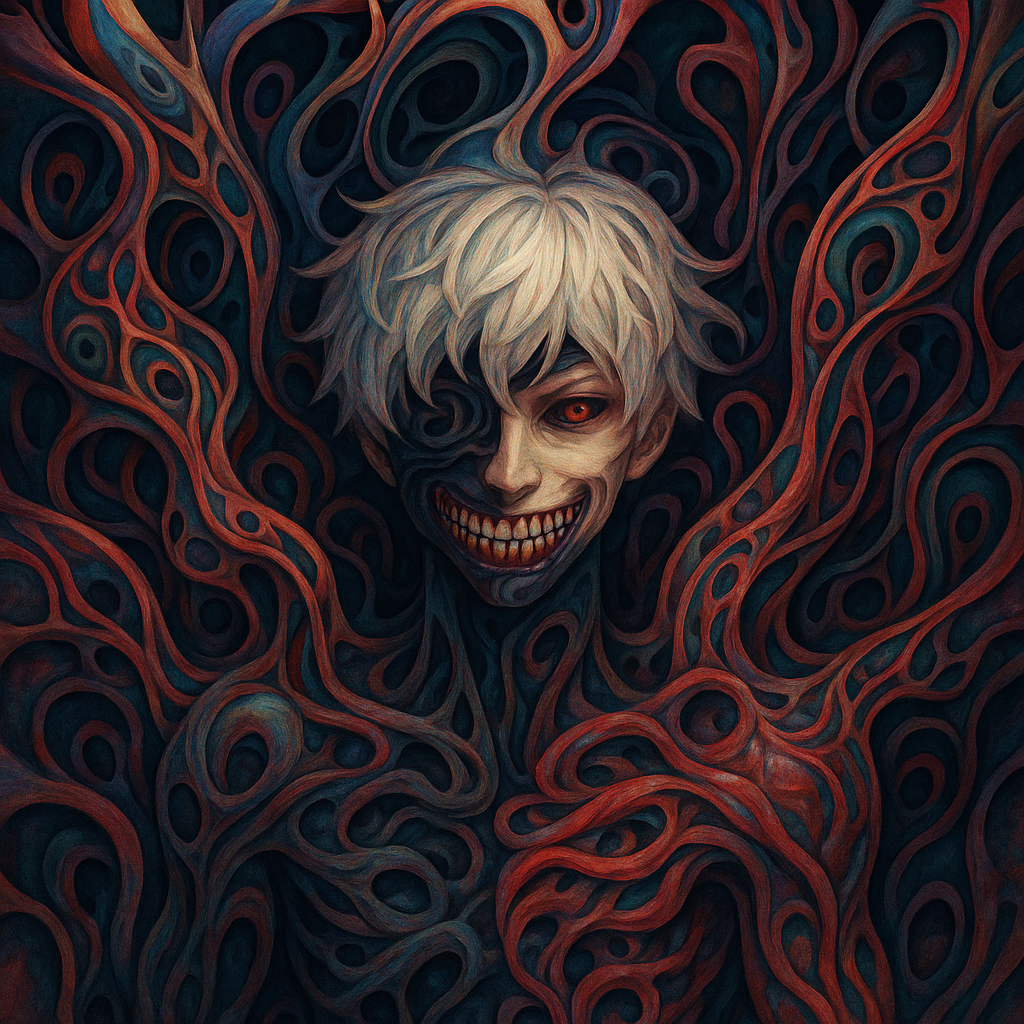 Tokyo Ghoul forum avatar/pfp: white-haired ghoul with one glowing red eye, wide skeletal grin and dark mask, entwined in writhing red and black tendrils.
