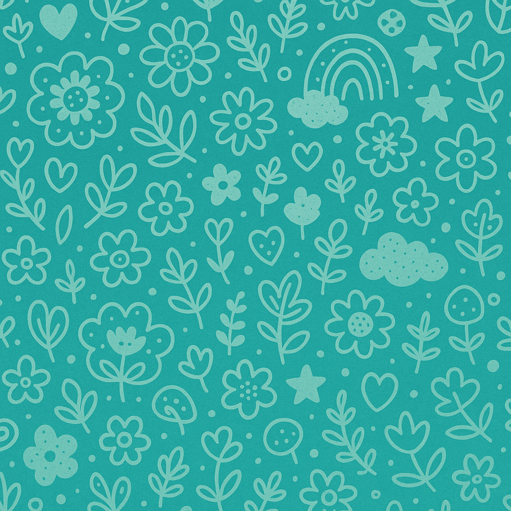 Turquoise doodle-pattern forum avatar (pfp) featuring hand-drawn flowers, hearts, stars, clouds and rainbows.