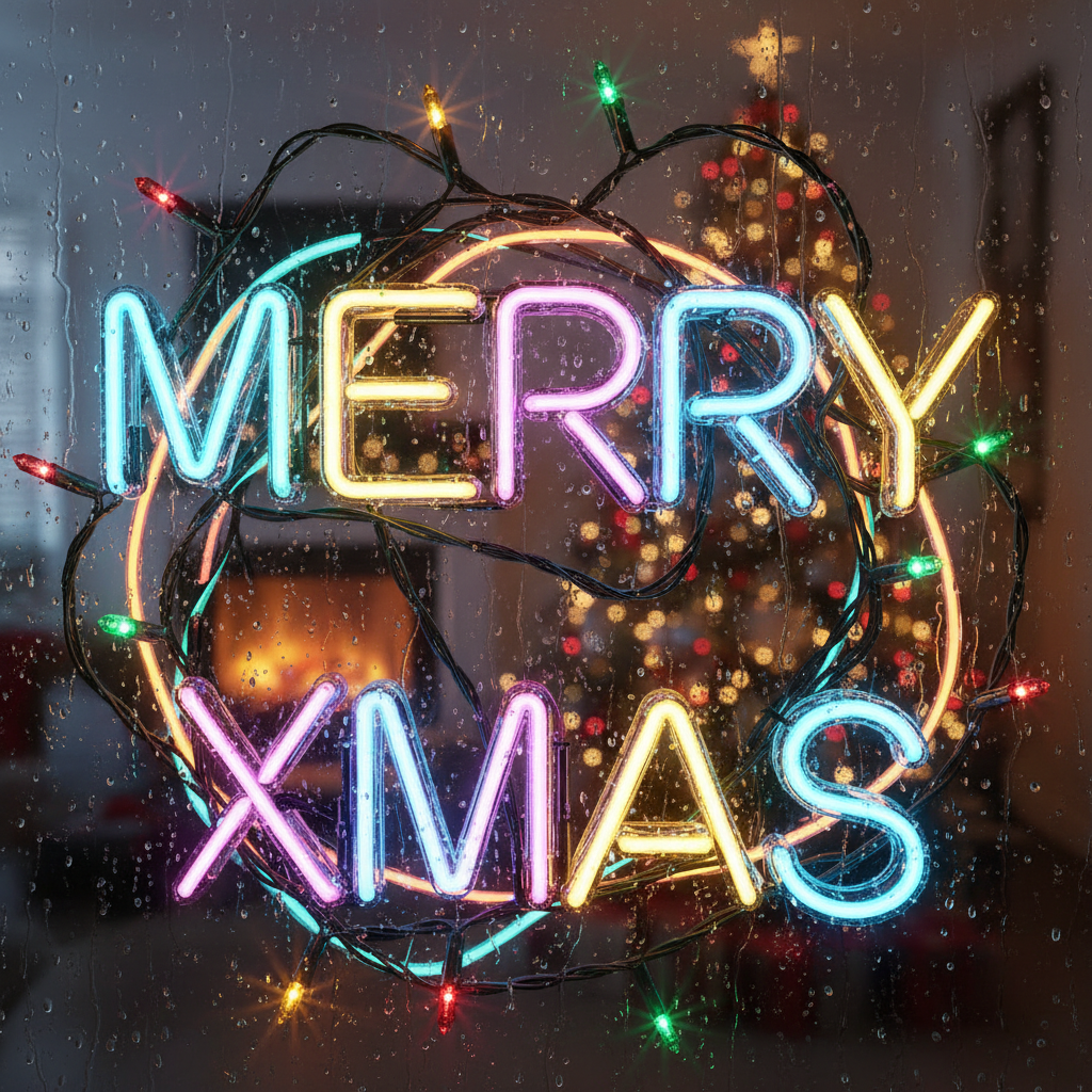 Neon MERRY XMAS sign wrapped in colorful Christmas lights, presented as a festive forum avatar/pfp.