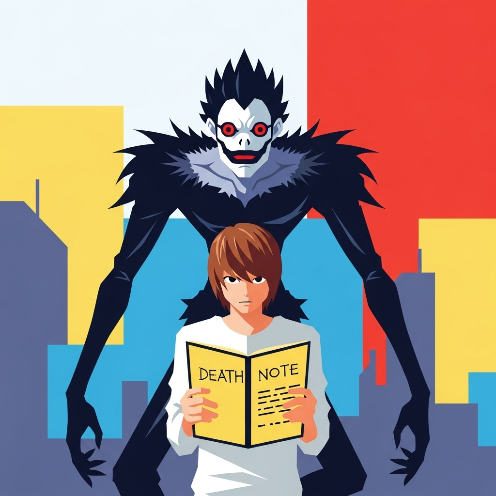 Death Note forum avatar: Light holding the Death Note book while Ryuk looms behind him against a stylized colorful city skyline.