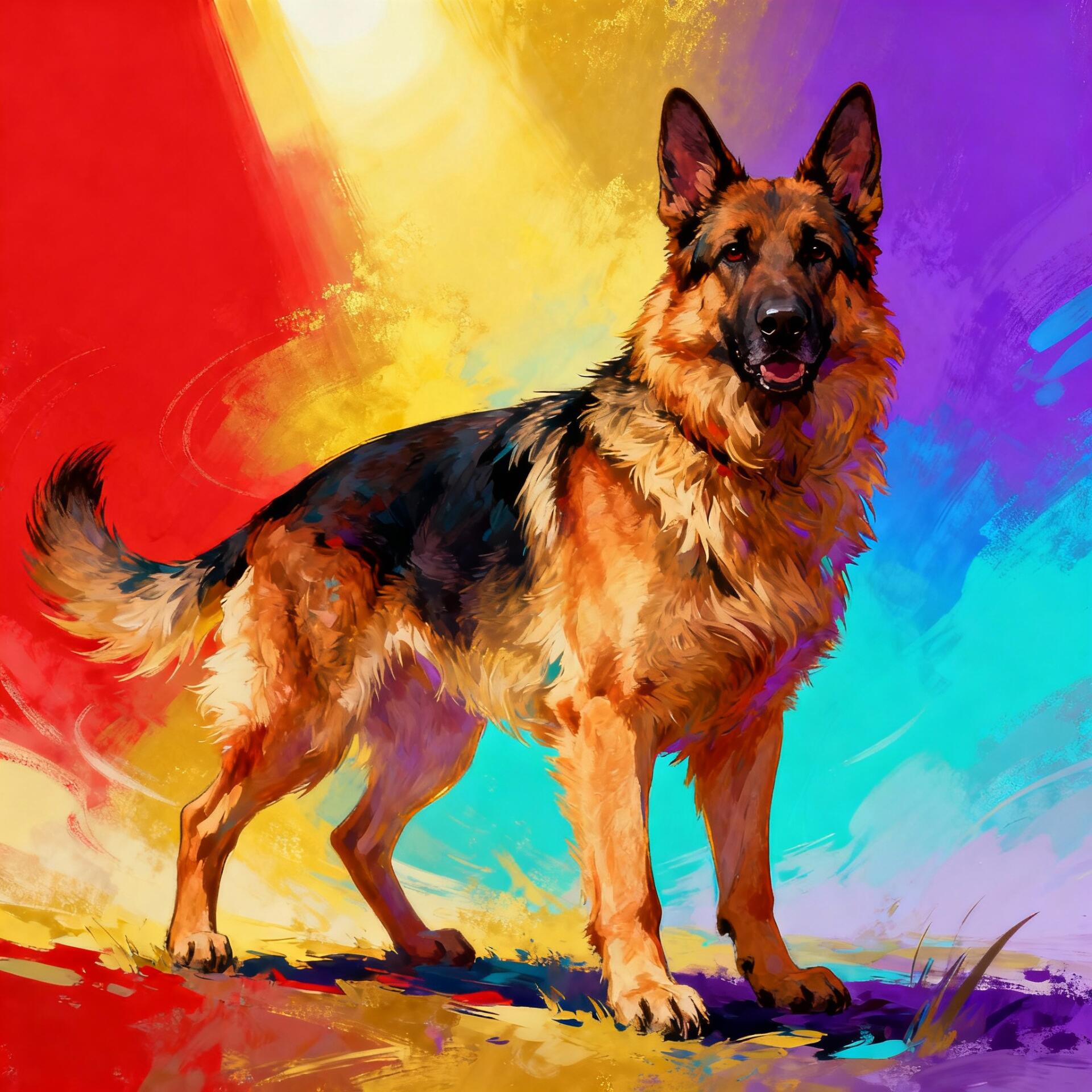 Stylized forum avatar/pfp of a standing German shepherd against a vivid, painterly rainbow background.