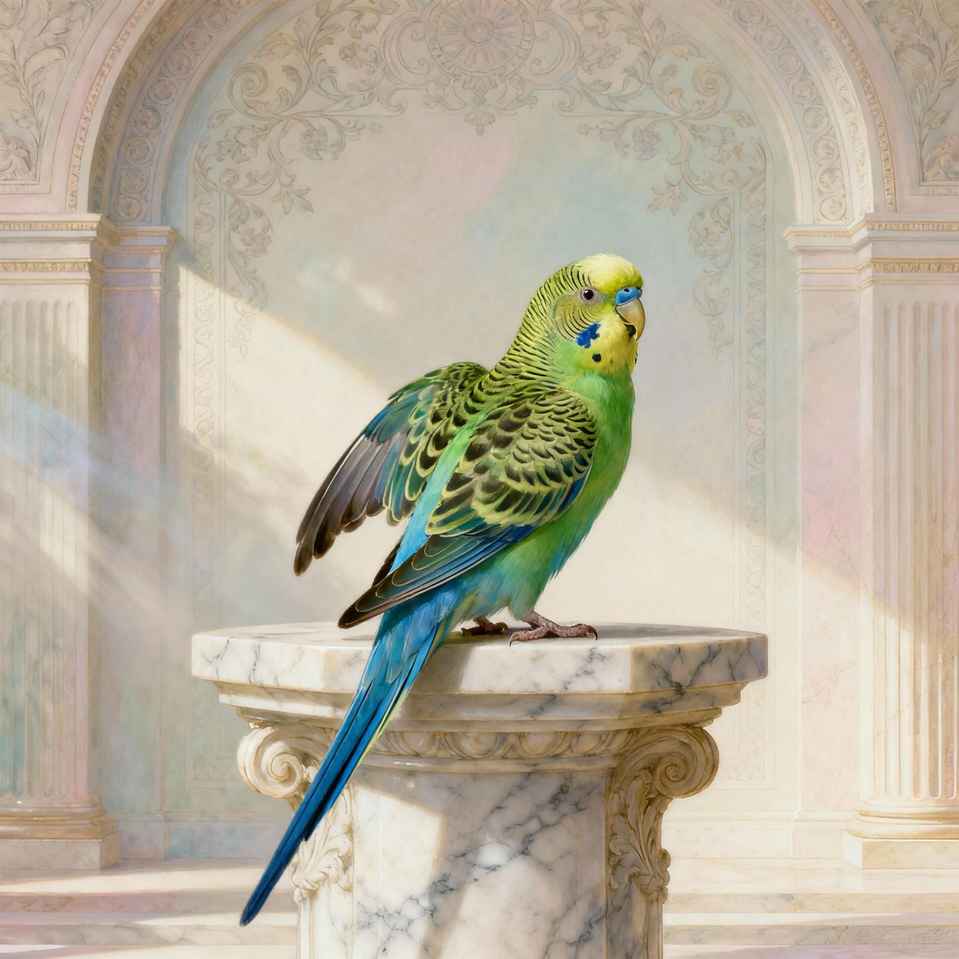 Green-and-blue parakeet perched on a marble pedestal in a classical alcove, used as a forum avatar/profile photo.