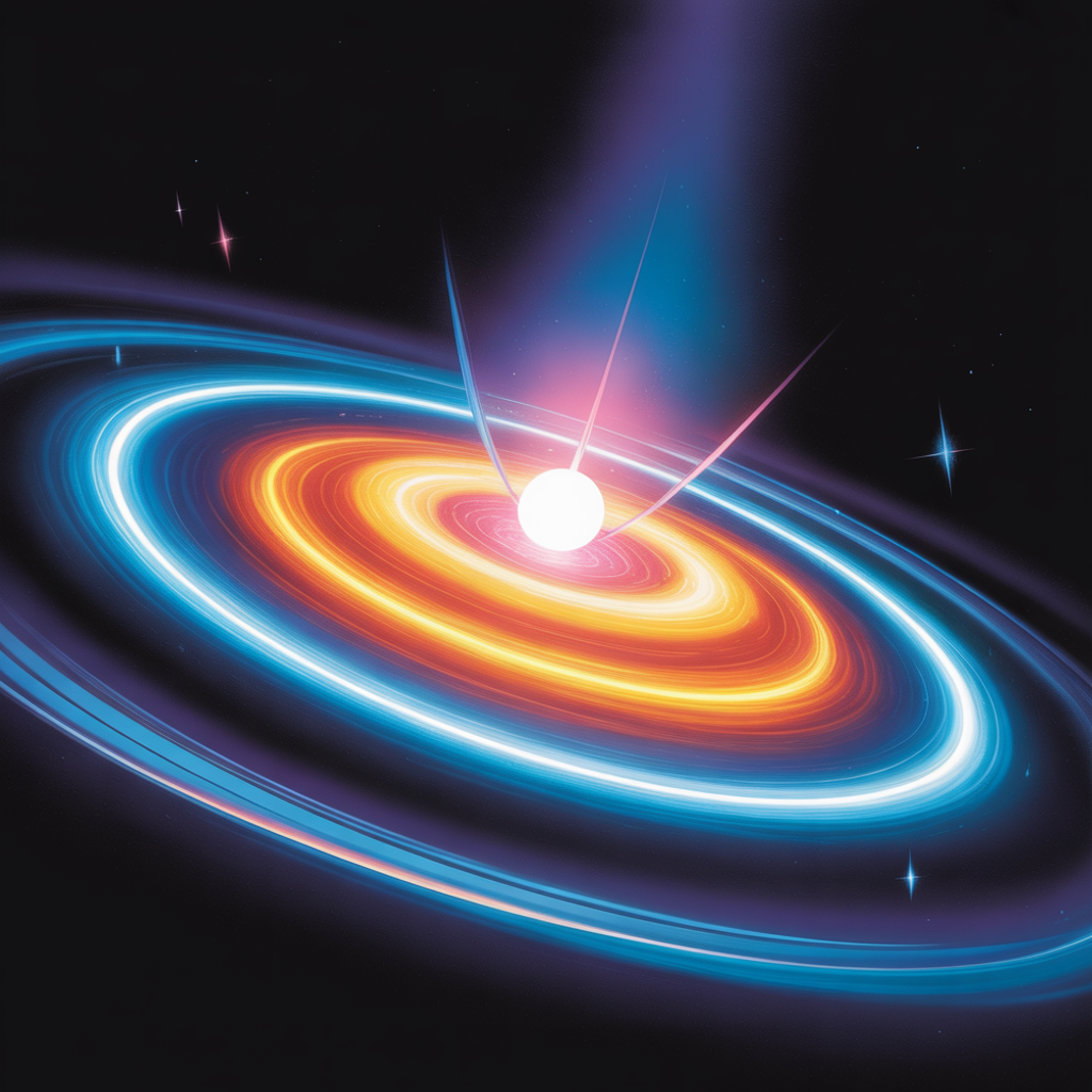 Stylized quasar illustration — bright white core with glowing orange and cyan concentric rings and pink jets, rendered as a forum avatar/profile photo.