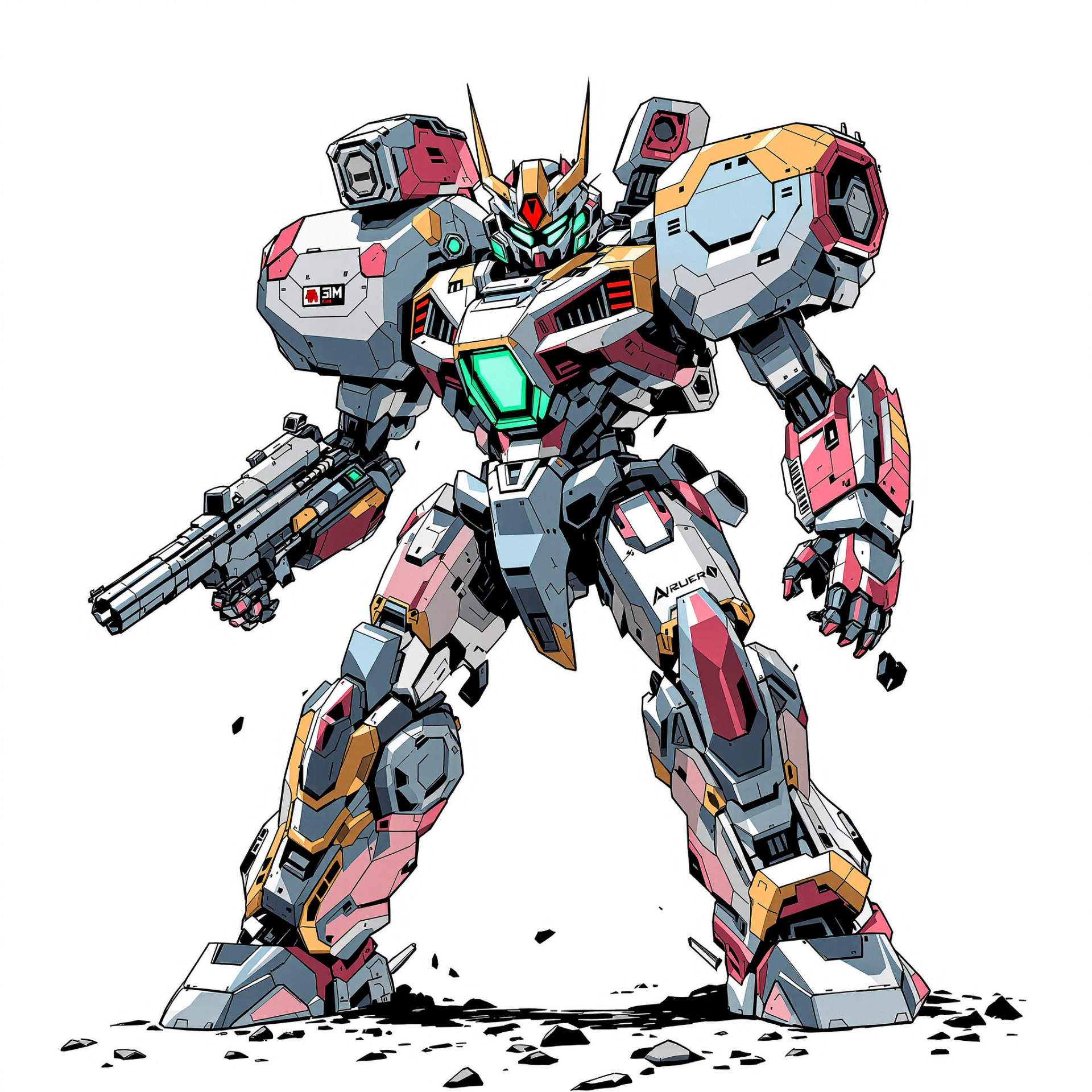 Anime-style colorful mech robot in dynamic battle stance with rifle, rendered as a bold forum avatar/profile photo illustration.