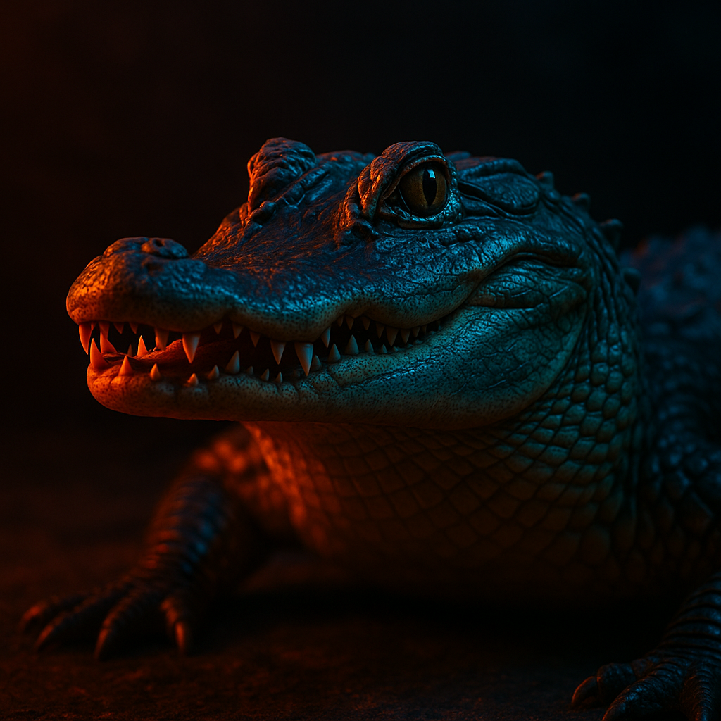 Dramatic close-up of an alligator’s head with teal and orange rim lighting, shown as a forum avatar/pfp profile photo.