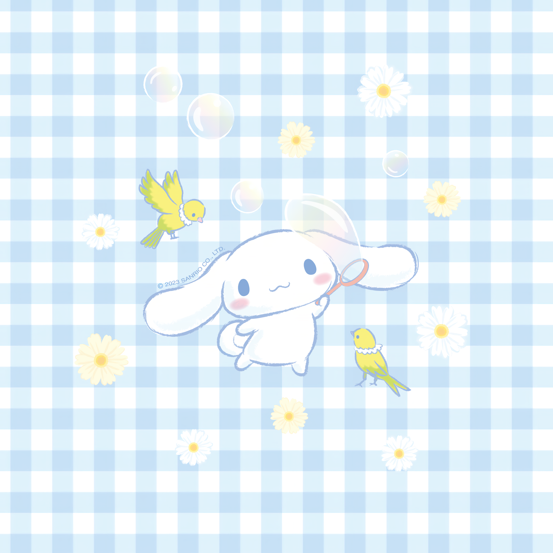 Sanrio Cinnamoroll kawaii forum avatar: white floppy-eared cartoon puppy on blue gingham, surrounded by yellow birds, tiny daisies and soft bubbles.