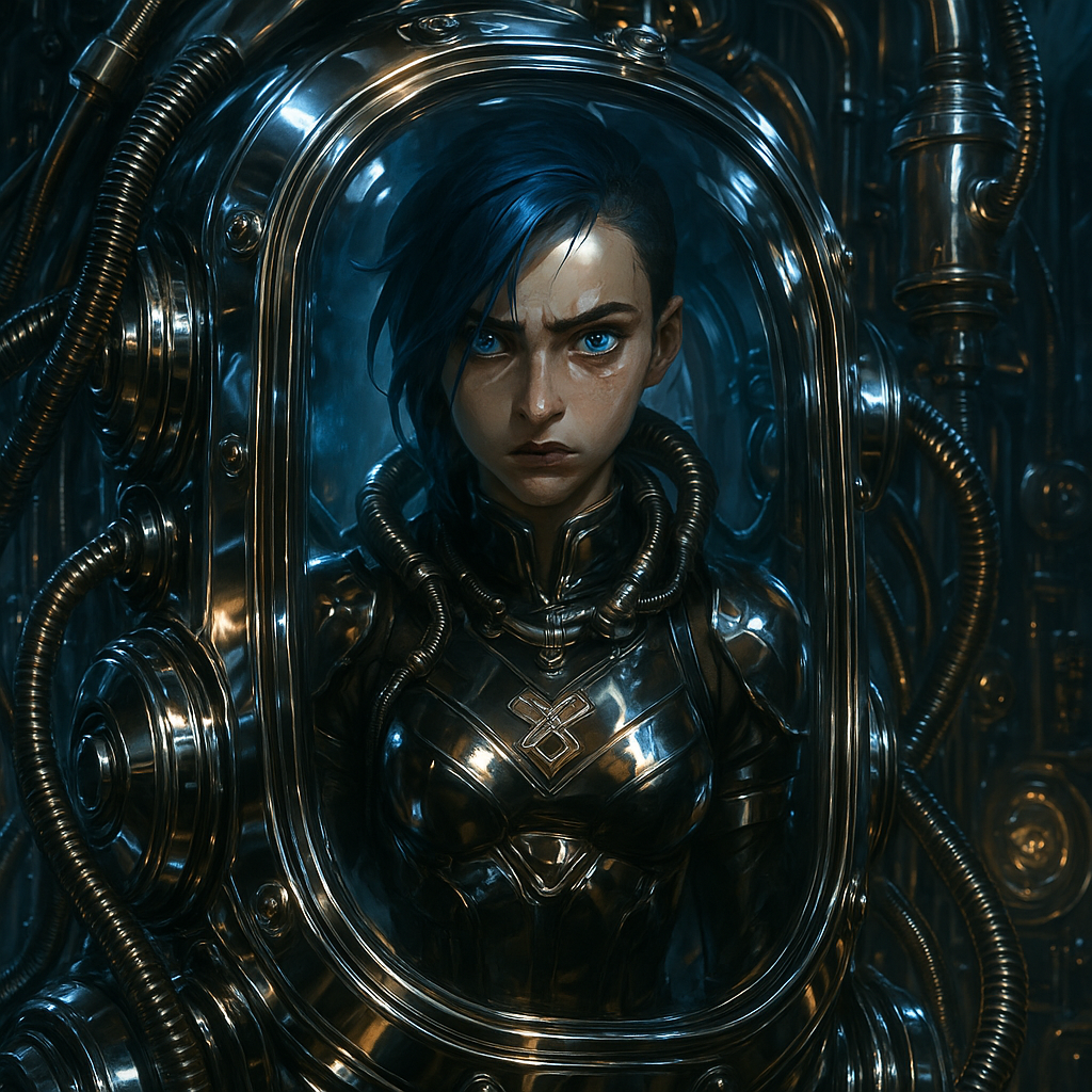 Forum avatar of a stern young person with short dark hair and glowing blue eyes, clad in reflective armor and enclosed in a complex mechanical helmet surrounded by cables.