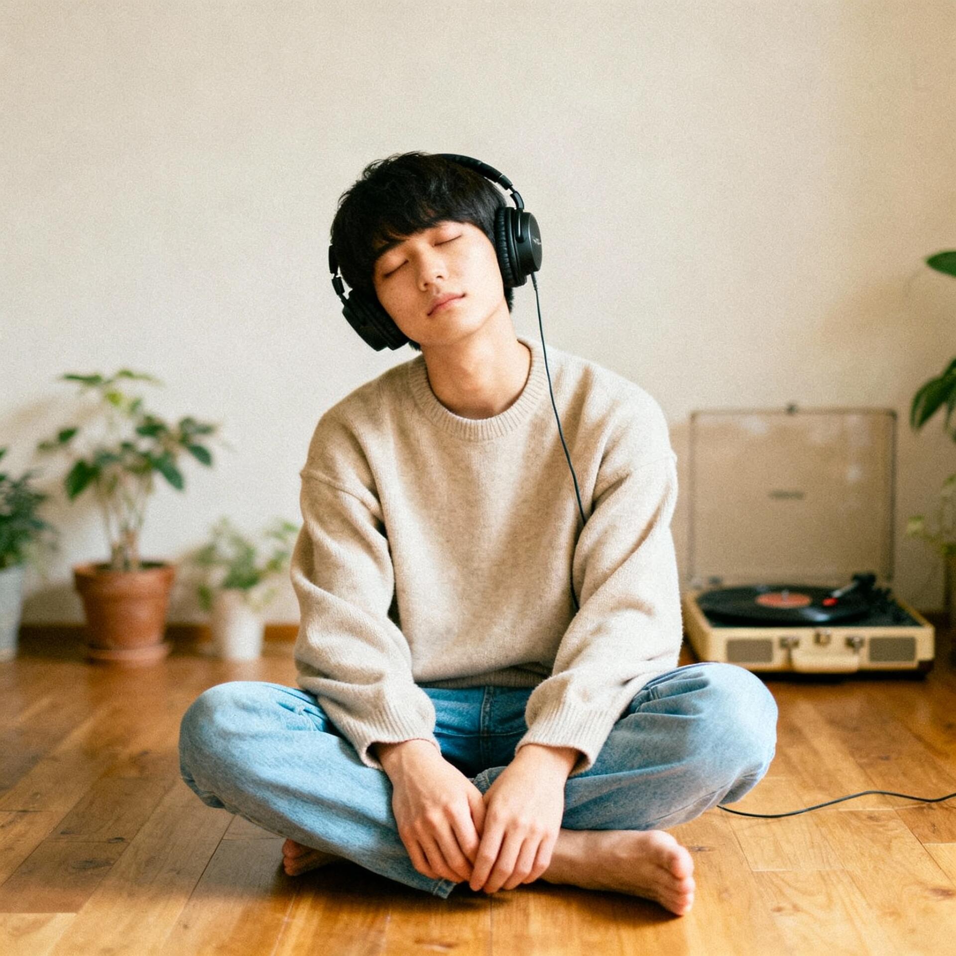 Forum avatar of a man wearing over-ear headphones, sitting cross‑legged with eyes closed in a cozy room.