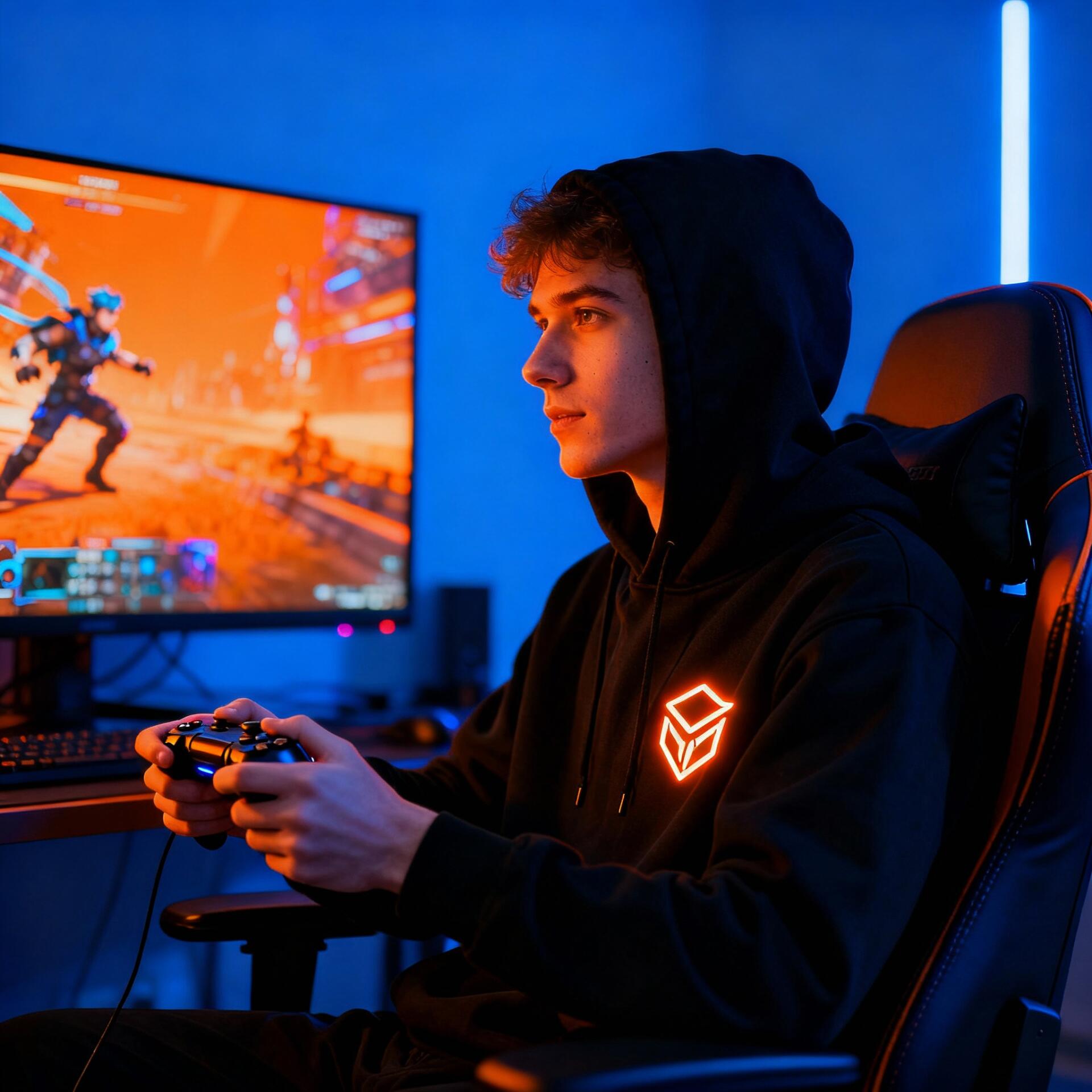Gamer forum avatar/profile photo: player in a hoodie holding a controller, bathed in blue and orange gaming monitor and LED glow.