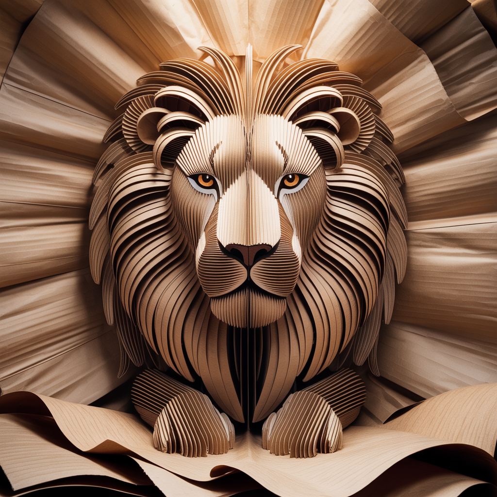 Paper-sculpted lion with radiant mane and golden eyes, Leo (astrology) themed forum avatar/profile photo.