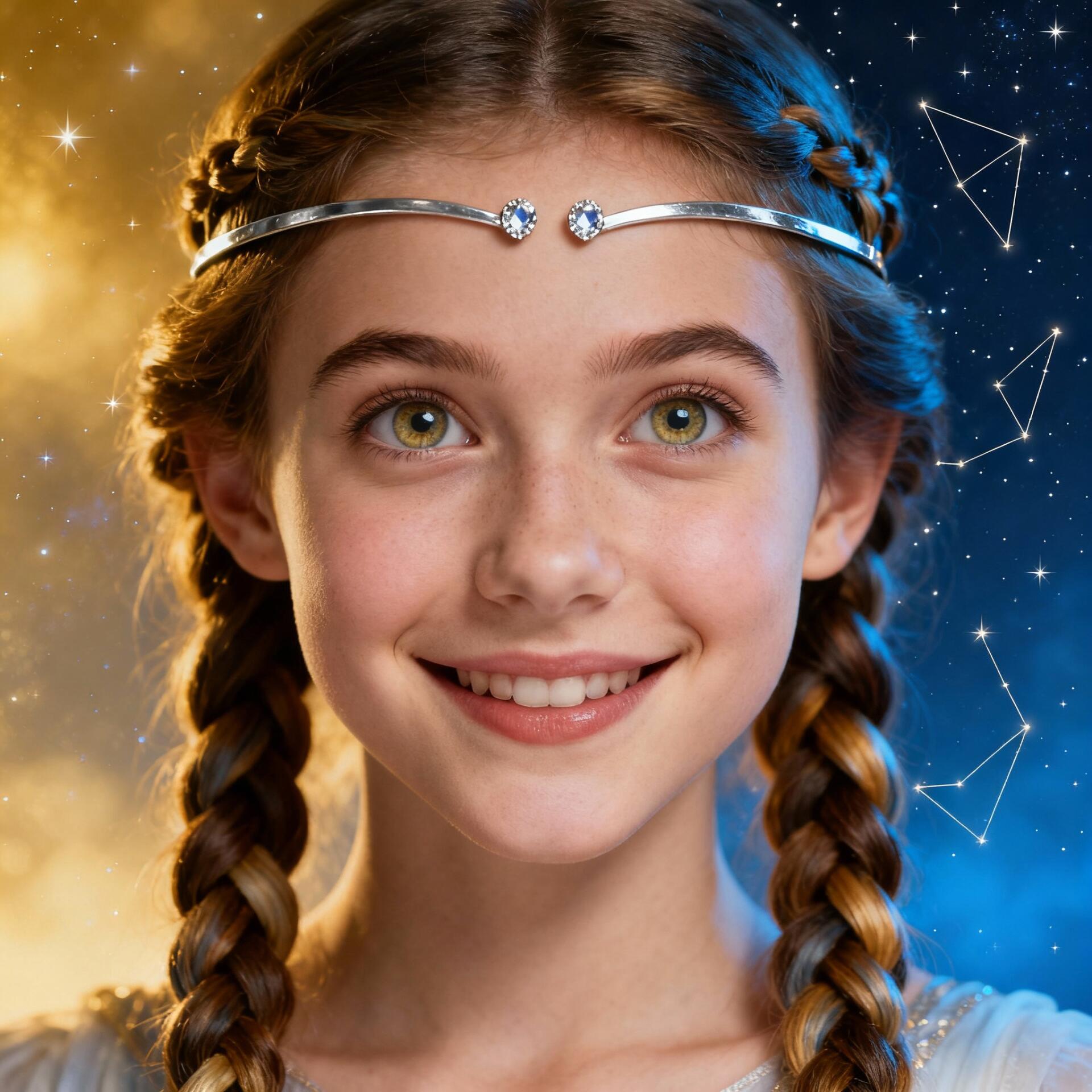 Forum avatar of a smiling girl with braided hair and a jeweled circlet, set against a blue-gold starry background displaying the Gemini constellation.