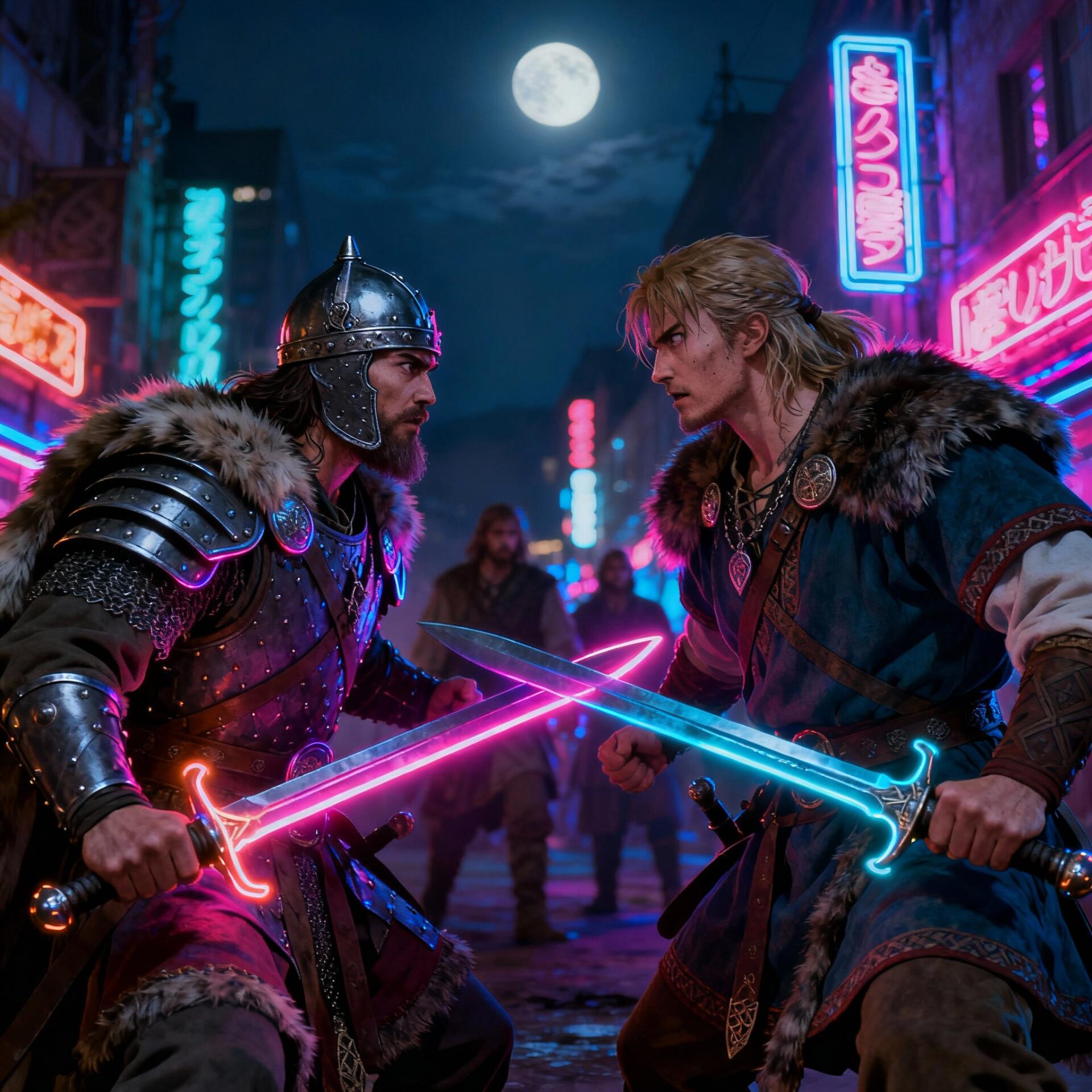 Forum avatar: two armored Viking warriors duel with neon-glowing swords on a rain-slick cyberpunk street beneath a full moon.