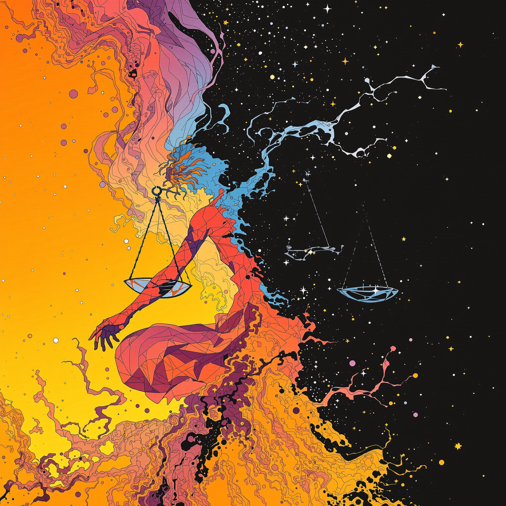 Colorful Libra astrology avatar: abstract cosmic figure holding scales between molten orange and starry black space, stylized profile image for a forum/pfp.