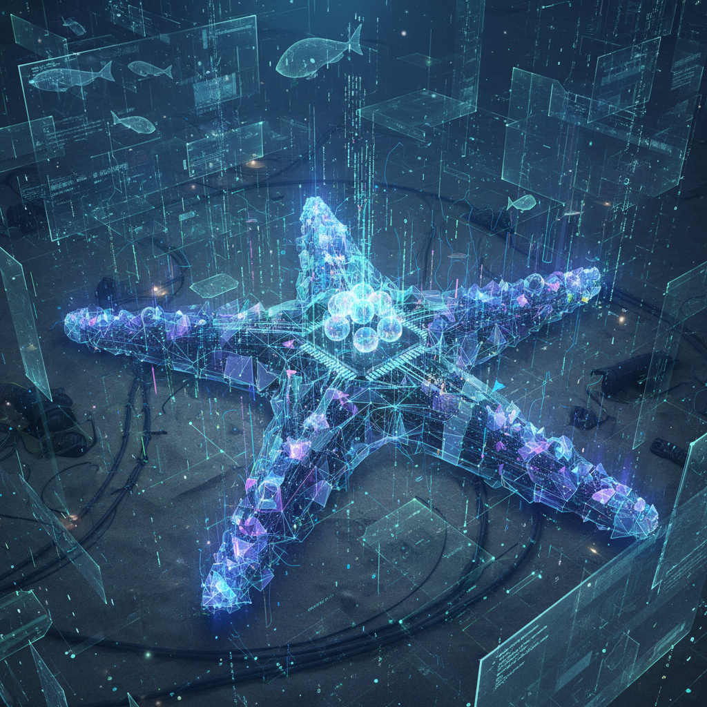 Neon blue-purple digital starfish with circuit-like geometry and floating data particles, rendered as a sci-fi forum avatar/profile photo.