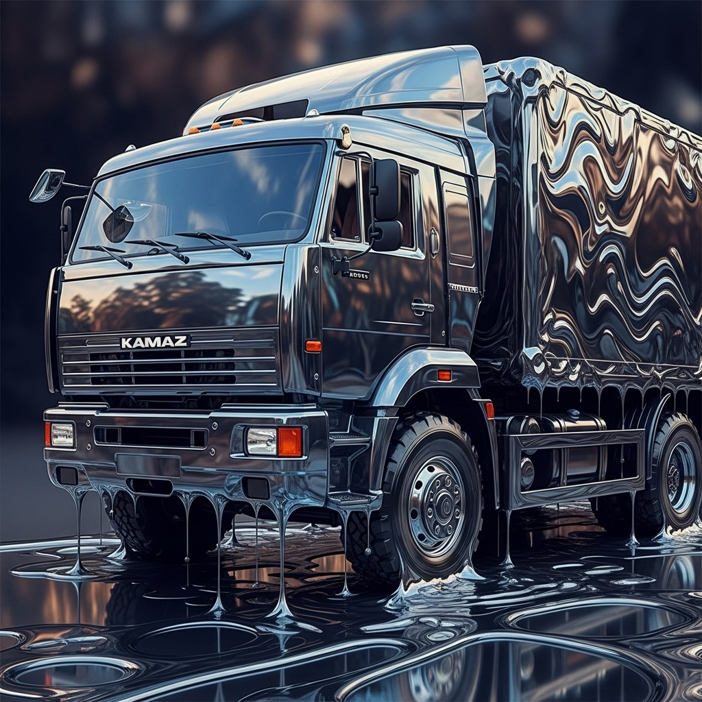 Glossy Kamaz truck as a forum profile avatar: chrome-like body with liquid reflections and a high-contrast, stylized polished finish.