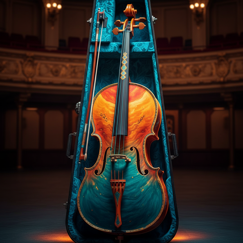 Forum avatar/pfp: polished cello in an open case on a dim theater stage, warm wood grain contrasted with blue velvet lining, lit by a dramatic spotlight.