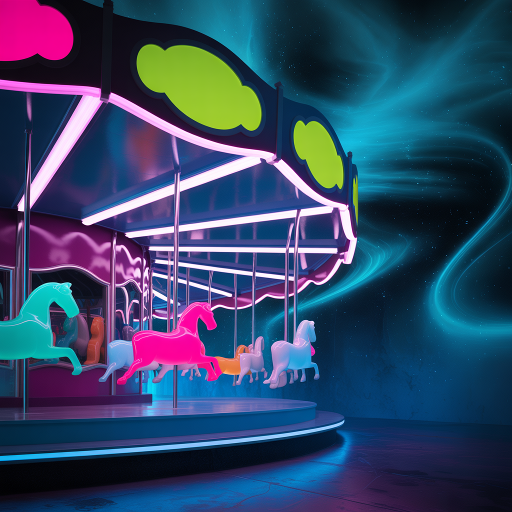 Neon-lit carousel with glowing multicolored horses and teal mist backdrop — stylized image used as a forum avatar/pfp/profile photo.