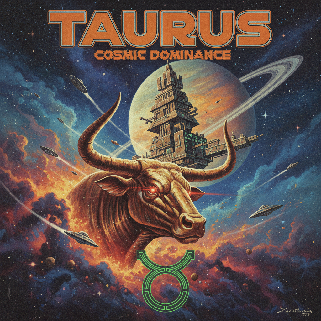 Forum avatar/pfp for Taurus (astrology): a cosmic bull with glowing eyes, Taurus glyph beneath, ancient temple and ringed planet backdrop, bold TAURUS COSMIC DOMINANCE title.