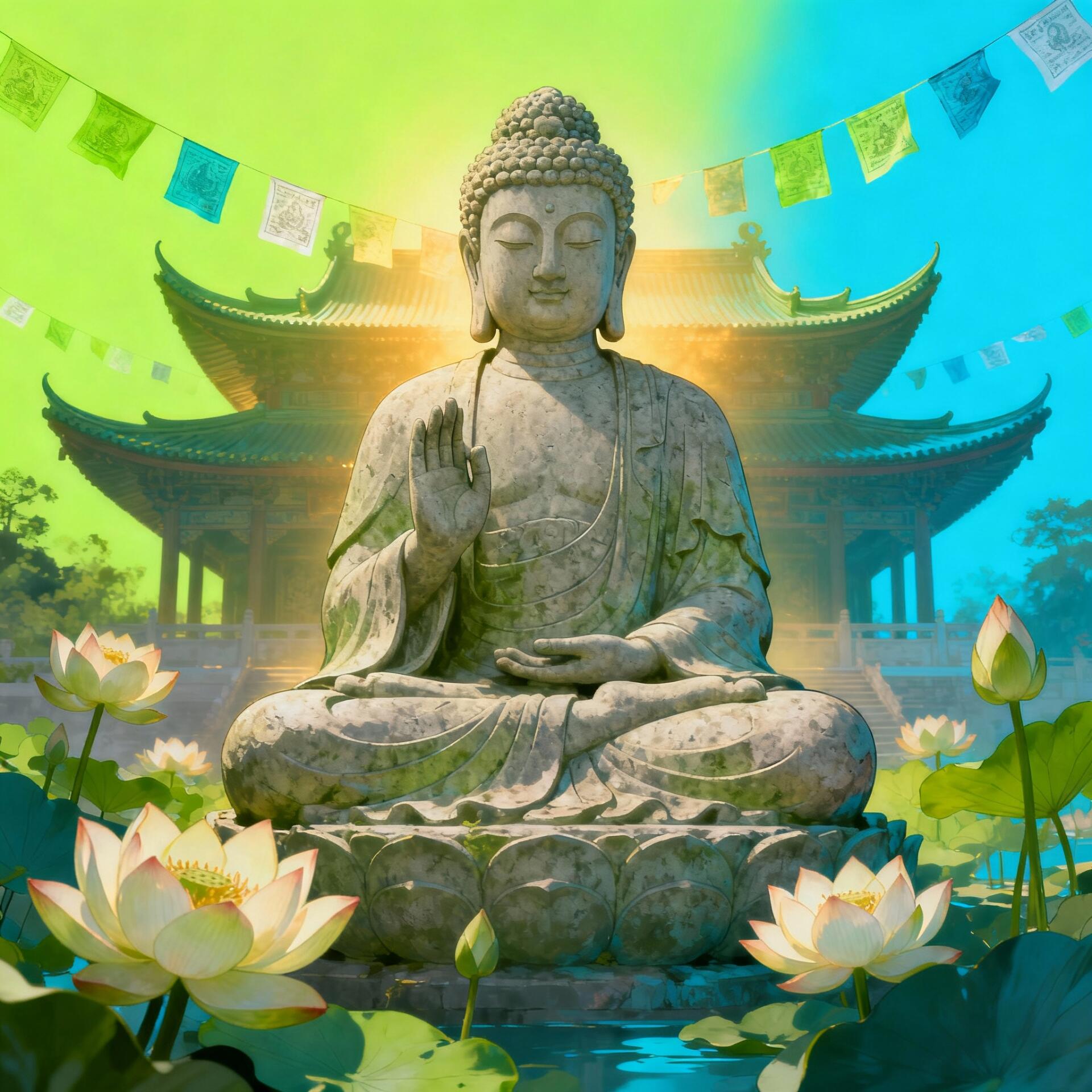 Stylized forum avatar/profile photo of a serene stone Buddha seated in lotus pose before a temple, surrounded by lotus flowers and prayer flags.