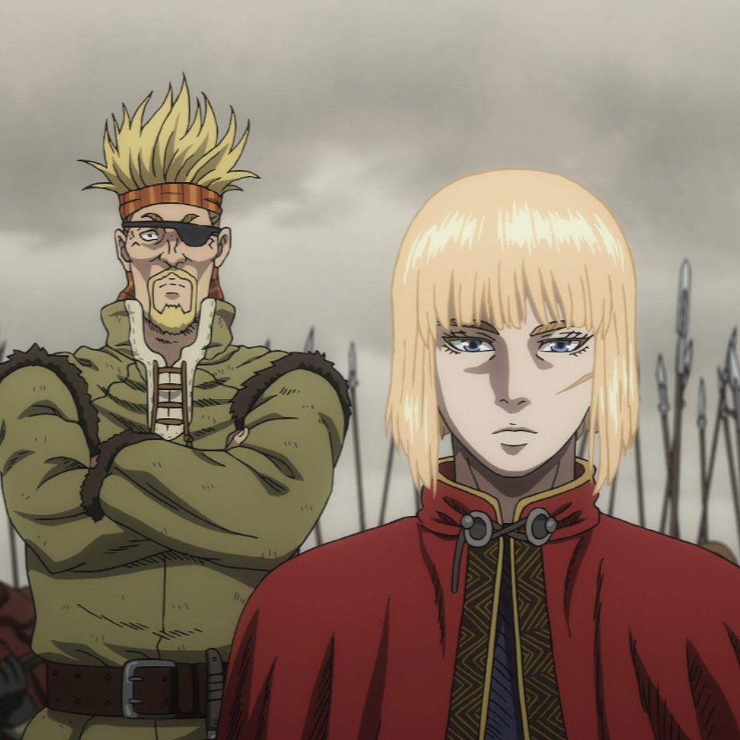 Forum avatar of Vinland Saga anime: Thorkell stands arms crossed behind Prince Canute in a red cloak, cloudy battlefield and spears in the background.