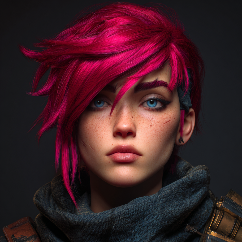 Forum avatar of Vi from Arcane (League of Legends) — close-up portrait with magenta hair swept to one side, freckles, bright blue eyes, a scarfed collar and a resolute expression.