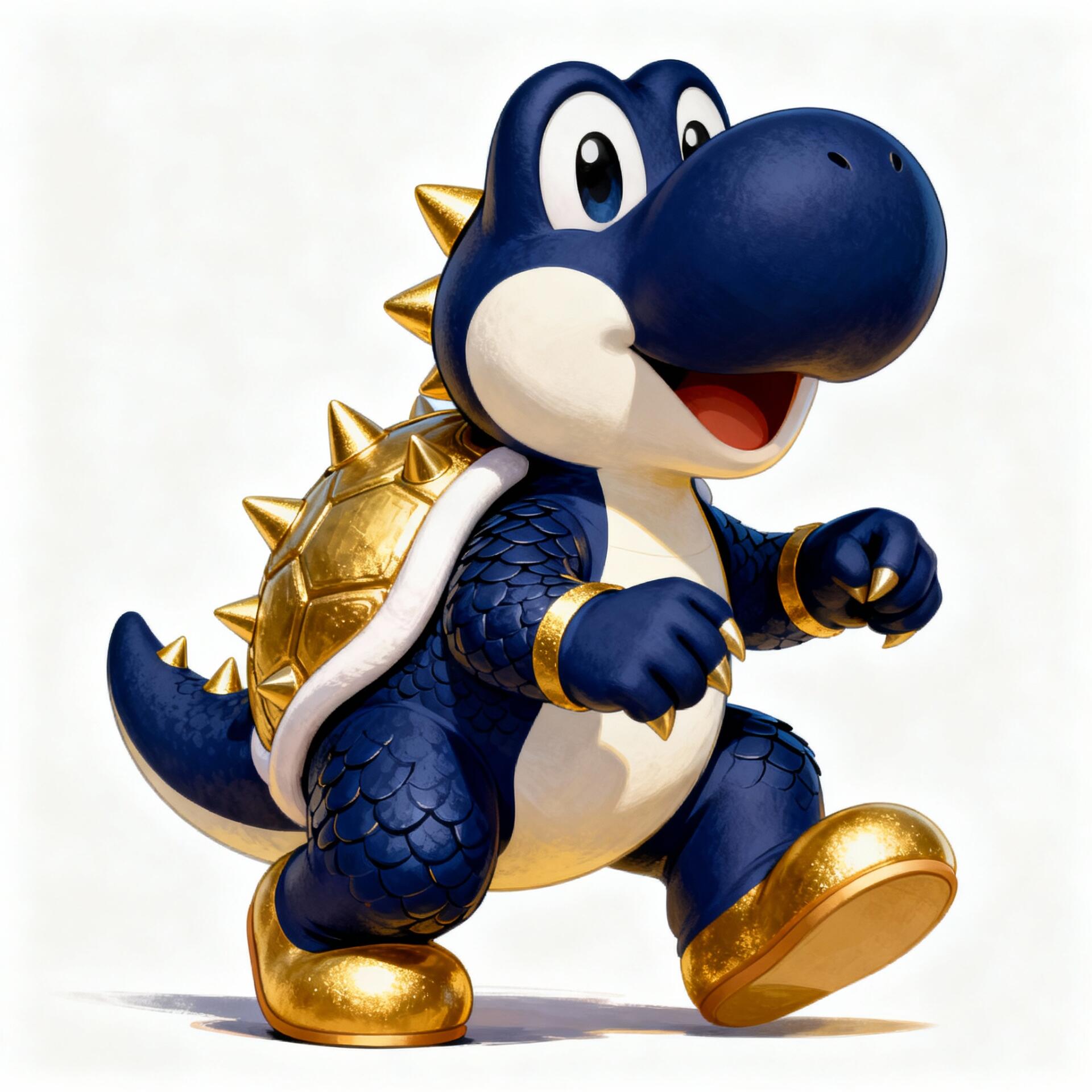Blue-and-gold Yoshi character with metallic spiked shell and golden shoes, smiling and walking — forum avatar/profile picture.