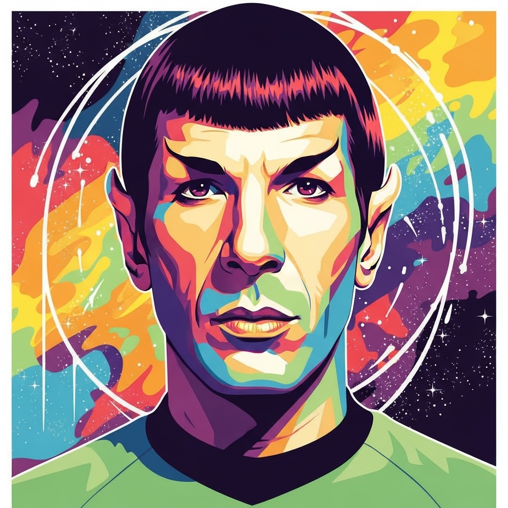 Pop-art forum avatar of Spock — stylized profile with pointed ears, arched brows, vibrant rainbow hues and a circular starry background.